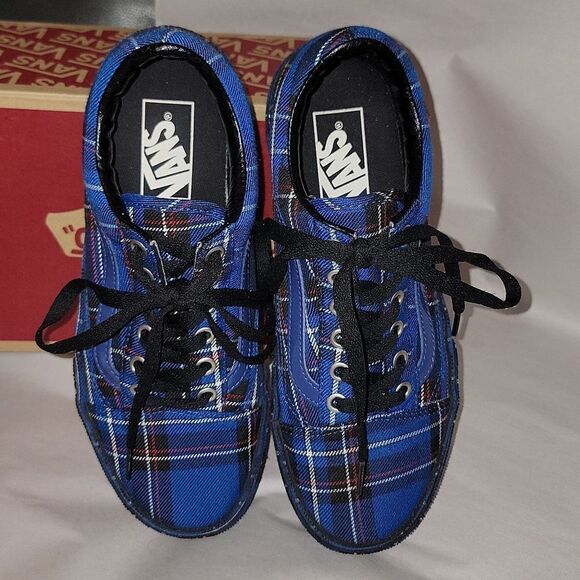 Vans Old Skool Platform Patent Plaid Blue Black Sneaker Shoes Women 5.5 Men 7 - Picture 8 of 15